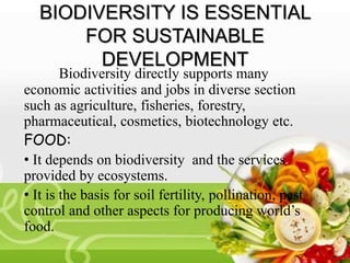 BIODIVERSITY IS ESSENTIAL
FOR SUSTAINABLE
DEVELOPMENT
Biodiversity directly supports many
economic activities and jobs in diverse section
such as agriculture, fisheries, forestry,
pharmaceutical, cosmetics, biotechnology etc.
FOOD:
• It depends on biodiversity and the services
provided by ecosystems.
• It is the basis for soil fertility, pollination, pest
control and other aspects for producing world’s
food.
 