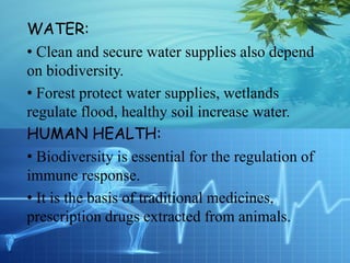 WATER:
• Clean and secure water supplies also depend
on biodiversity.
• Forest protect water supplies, wetlands
regulate flood, healthy soil increase water.
HUMAN HEALTH:
• Biodiversity is essential for the regulation of
immune response.
• It is the basis of traditional medicines,
prescription drugs extracted from animals.
 