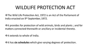 WILDLIFE PROTECTION ACT
The Wild Life Protection Act, 1972 is an Act of the Parliament of
India enacted on 9th September, 1972.
It provides for protection of wild animals, birds and plants ; and for
matters connected therewith or ancillary or incidental thereto.
It extends to whole of India.
It has six schedules which give varying degrees of protection.
 