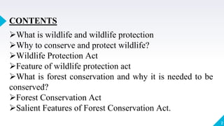 2
CONTENTS
What is wildlife and wildlife protection
Why to conserve and protect wildlife?
Wildlife Protection Act
Feature of wildlife protection act
What is forest conservation and why it is needed to be
conserved?
Forest Conservation Act
Salient Features of Forest Conservation Act.
 