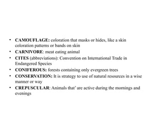 • CAMOUFLAGE: coloration that masks or hides, like a skin
coloration patterns or bands on skin
• CARNIVORE: meat eating animal
• CITES (abbreviations): Convention on International Trade in
Endangered Species
• CONIFEROUS: forests containing only evergreen trees
• CONSERVATION: It is strategy to use of natural resources in a wise
manner or way
• CREPUSCULAR: Animals that’ are active during the mornings and
evenings
 