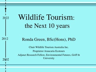 Wildlife Tourism:
the Next 10 years
Ronda Green, BSc(Hons), PhD
Chair Wildlife Tourism Australia Inc.
Proprietor Araucaria Ecotours
Adjunct Research Fellow, Environmental Futures, Griffi th
University
2012
2022
2002
 