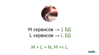 M сервисов → 1 БД
L сервисов → L БД
M + L = N, M << L
155
 