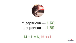 M сервисов → 1 БД
L сервисов → L БД
M + L = N, M << L
157
 