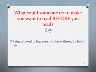 What could someone do to make
you want to read BEFORE you
read?
K-5
O Being allowed to buy your own book through a book
fa...