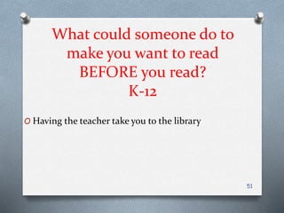 What could someone do to
make you want to read
BEFORE you read?
K-12
O Having the teacher take you to the library
51
 