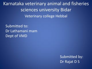 Karnataka veterinary animal and fisheries
sciences university Bidar
Veterinary college Hebbal
Submitted to:
Dr Lathamani mam
Dept of VMD
Submitted by:
Dr Rajat D S
 