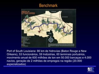 Benchmark Port of South Louisiana: 86 km de hidrovias (Baton Rouge a New Orleans), 53 funcionários, 59 Indústrias, 60 terminais portuários, movimento anual de 600 milhões de ton em 50.000 barcaças e 4.000 navios, geração de 2 milhões de empregos na região (20.000 especializados) 