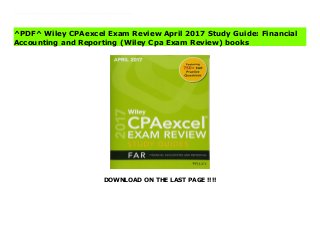 DOWNLOAD ON THE LAST PAGE !!!!
[#Download%] (Free Download) Wiley CPAexcel Exam Review April 2017 Study Guide: Financial Accounting and Reporting (Wiley Cpa Exam Review) books The Wiley CPAexcel Study Guide: Financial Accounting and Reporting arms CPA test-takers with detailed text and skill-building problems to help identify, focus on, and master the specific topics that may need additional reinforcement to pass the FAR section of the CPA Exam.This essential study guide:Covers the complete AICPA content blueprint in FAR Explains every topic tested with 1,299 pages of study text, 752 multiple-choice questions, and 73 task-based simulations in FAR Organized in Bite-Sized Lesson format with 217 lessons in FAR Maps perfectly to the Wiley CPAexcel online course may be used to complement the course or as a stand-alone study tool
^PDF^ Wiley CPAexcel Exam Review April 2017 Study Guide: Financial
Accounting and Reporting (Wiley Cpa Exam Review) books
 