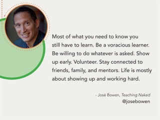Most of what you need to know you
still have to learn. Be a voracious learner.
Be willing to do whatever is asked. Show
up early. Volunteer. Stay connected to
friends, family, and mentors. Life is mostly
about showing up and working hard.
- José Bowen, Teaching Naked
@josebowen
 