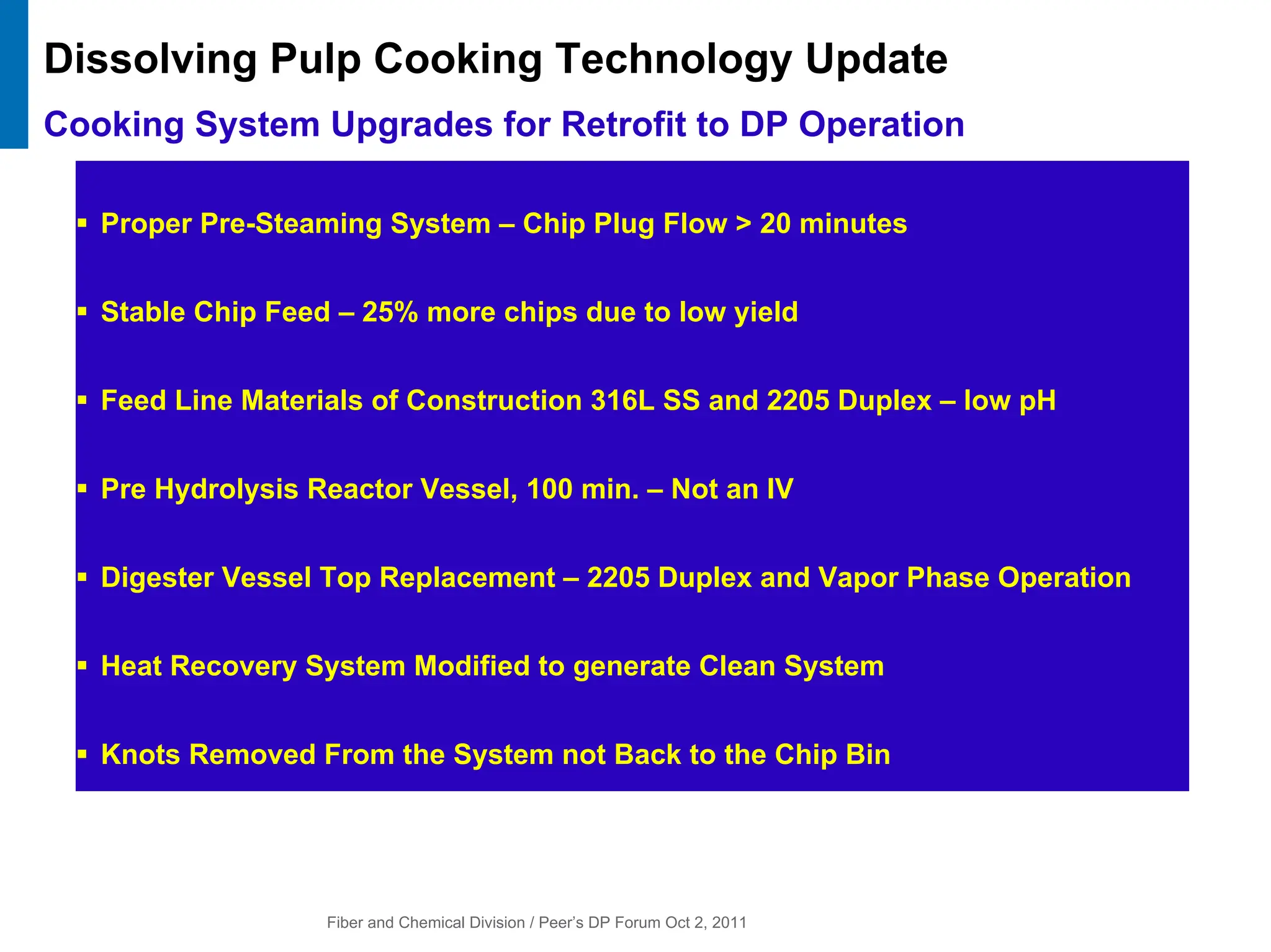 Fiber and Chemical Division / Peer’s DP Forum Oct 2, 2011
Cooking System Upgrades for Retrofit to DP Operation
ƒ Proper Pre-Steaming System – Chip Plug Flow > 20 minutes
ƒ Stable Chip Feed – 25% more chips due to low yield
ƒ Feed Line Materials of Construction 316L SS and 2205 Duplex – low pH
ƒ Pre Hydrolysis Reactor Vessel, 100 min. – Not an IV
ƒ Digester Vessel Top Replacement – 2205 Duplex and Vapor Phase Operation
ƒ Heat Recovery System Modified to generate Clean System
ƒ Knots Removed From the System not Back to the Chip Bin
Dissolving Pulp Cooking Technology Update
 