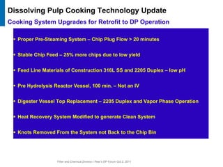 Fiber and Chemical Division / Peer’s DP Forum Oct 2, 2011
Cooking System Upgrades for Retrofit to DP Operation
ƒ Proper Pre-Steaming System – Chip Plug Flow > 20 minutes
ƒ Stable Chip Feed – 25% more chips due to low yield
ƒ Feed Line Materials of Construction 316L SS and 2205 Duplex – low pH
ƒ Pre Hydrolysis Reactor Vessel, 100 min. – Not an IV
ƒ Digester Vessel Top Replacement – 2205 Duplex and Vapor Phase Operation
ƒ Heat Recovery System Modified to generate Clean System
ƒ Knots Removed From the System not Back to the Chip Bin
Dissolving Pulp Cooking Technology Update
 