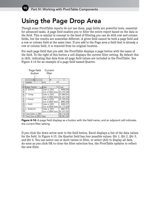 Using the Page Drop Area
Though some PivotTable reports do not use them, page fields are powerful tools, essential
for advanced tasks. A page field enables you to filter the entire report based on the data in
the field. This is similar in concept to the kind of filtering you can do with row and column
fields, but the results are somewhat different. A given field cannot be both a page field and
a row or column field at the same time. If you add to the Page area a field that is already a
row or column field, it is removed from its original location.
For each page field that you add, the PivotTable displays a page button with the name of
the field. To the right of this button a cell displays the current filter setting. By default this
is (All), indicating that data from all page field values are included in the PivotTable. See
Figure 4-14 for an example of a page field named Quarter.
Figure 4-14: A page field displays as a button with the field name, and an adjacent cell indicates
the current filter setting.
If you click the down arrow next to the field button, Excel displays a list of the data values
for the field. In Figure 4-15, the Quarter field has four possible values: Qtr 1, Qtr 2, Qtr 3,
and Qtr 4. You can select one or more values to filter, or select (All) to display all data.
As soon as you click OK to close the filter selection box, the PivotTable updates to reflect
the new filter.
Current
filter
Page field
button
Part IV: Working with PivotTable Components
90
 