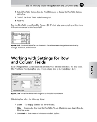 1. Select PivotTable Options from the PivotTable menu to display the PivotTable Options
dialog box.
2. Turn off the Grand Totals for Columns option.
3. Click OK.
Now the PivotTable report look like Figure 4-26. It’s just what you wanted, providing three
different summaries for the Score field.
Figure 4-26: The PivotTable after the three data fields have been changed to summarize by
average, maximum, and minimum.
Working with Settings for Row
and Column Fields
Field settings for row and column fields are somewhat different from those for data fields.
The PivotTable Field dialog box for a row or column field is shown in Figure 4-27.
Figure 4-27: The PivotTable Field dialog box for row and column fields.
This dialog box offers the following fields:
• Name — The display name for the row or column.
• Hide — Removes the field from the PivotTable. To add it back you must drag it from the
Field List again.
• Advanced — Sets advanced row or column field options.
Tip 38: Working with Settings for Row and Column Fields 99
Part
IV
 