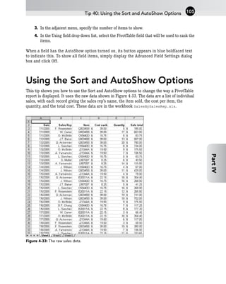 3. In the adjacent menu, specify the number of items to show.
4. In the Using field drop-down list, select the PivotTable field that will be used to rank the
items.
When a field has the AutoShow option turned on, its button appears in blue boldfaced text
to indicate this. To show all field items, simply display the Advanced Field Settings dialog
box and click Off.
Using the Sort and AutoShow Options
This tip shows you how to use the Sort and AutoShow options to change the way a PivotTable
report is displayed. It uses the raw data shown in Figure 4-33. The data are a list of individual
sales, with each record giving the sales rep’s name, the item sold, the cost per item, the
quantity, and the total cost. These data are in the workbook SalesBySalesRep.xls.
Figure 4-33: The raw sales data.
Tip 40: Using the Sort and AutoShow Options 105
Part
IV
 