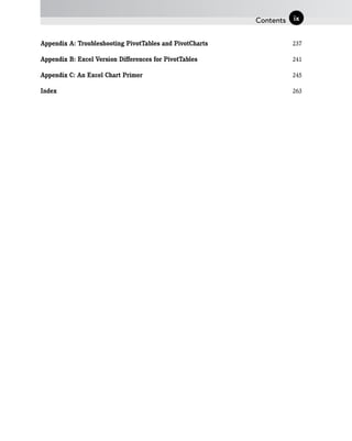 Appendix A: Troubleshooting PivotTables and PivotCharts 237
Appendix B: Excel Version Differences for PivotTables 241
Appendix C: An Excel Chart Primer 245
Index 263
Contents ix
 