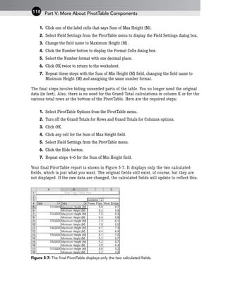 1. Click one of the label cells that says Sum of Max Height (M).
2. Select Field Settings from the PivotTable menu to display the Field Settings dialog box.
3. Change the field name to Maximum Height (M).
4. Click the Number button to display the Format Cells dialog box.
5. Select the Number format with one decimal place.
6. Click OK twice to return to the worksheet.
7. Repeat these steps with the Sum of Min Height (M) field, changing the field name to
Minimum Height (M) and assigning the same number format.
The final steps involve hiding unneeded parts of the table. You no longer need the original
data (in feet). Also, there is no need for the Grand Total calculations in column E or for the
various total rows at the bottom of the PivotTable. Here are the required steps:
1. Select PivotTable Options from the PivotTable menu.
2. Turn off the Grand Totals for Rows and Grand Totals for Columns options.
3. Click OK.
4. Click any cell for the Sum of Max Height field.
5. Select Field Settings from the PivotTable menu.
6. Click the Hide button.
7. Repeat steps 4–6 for the Sum of Min Height field.
Your final PivotTable report is shown in Figure 5-7. It displays only the two calculated
fields, which is just what you want. The original fields still exist, of course, but they are
not displayed. If the raw data are changed, the calculated fields will update to reflect this.
Figure 5-7: The final PivotTable displays only the two calculated fields.
Part V: More About PivotTable Components
118
 