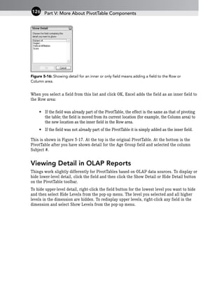 Figure 5-16: Showing detail for an inner or only field means adding a field to the Row or
Column area.
When you select a field from this list and click OK, Excel adds the field as an inner field to
the Row area:
• If the field was already part of the PivotTable, the effect is the same as that of pivoting
the table; the field is moved from its current location (for example, the Column area) to
the new location as the inner field in the Row area.
• If the field was not already part of the PivotTable it is simply added as the inner field.
This is shown in Figure 5-17. At the top is the original PivotTable. At the bottom is the
PivotTable after you have shown detail for the Age Group field and selected the column
Subject #.
Viewing Detail in OLAP Reports
Things work slightly differently for PivotTables based on OLAP data sources. To display or
hide lower-level detail, click the field and then click the Show Detail or Hide Detail button
on the PivotTable toolbar.
To hide upper-level detail, right-click the field button for the lowest level you want to hide
and then select Hide Levels from the pop-up menu. The level you selected and all higher
levels in the dimension are hidden. To redisplay upper levels, right-click any field in the
dimension and select Show Levels from the pop-up menu.
Part V: More About PivotTable Components
126
 