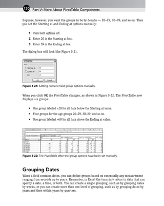 Suppose, however, you want the groups to be by decade — 20–29, 30–39, and so on. Then
you set the Starting at and Ending at options manually:
1. Turn both options off.
2. Enter 20 in the Starting at box.
3. Enter 59 in the Ending at box.
The dialog box will look like Figure 5-21.
Figure 5-21: Setting numeric field group options manually.
When you click OK the PivotTable changes, as shown in Figure 5-22. The PivotTable now
displays six groups:
• One group labeled <20 for all data below the Starting at value.
• Four groups for the age groups 20–29, 30–39, and so on.
• One group labeled >60 for all data above the Ending at value.
Figure 5-22: The PivotTable after the group options have been set manually.
Grouping Dates
When a field contains dates, you can define groups based on essentially any measurement
ranging from seconds up to years. Remember, in Excel the term date refers to data that can
specify a date, a time, or both. You can create a single grouping, such as by grouping dates
by weeks, or you can create more than one level of grouping, such as by grouping dates by
years and then within years by quarters.
Part V: More About PivotTable Components
130
 