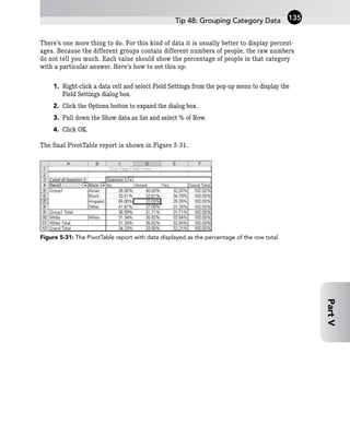 There’s one more thing to do. For this kind of data it is usually better to display percent-
ages. Because the different groups contain different numbers of people, the raw numbers
do not tell you much. Each value should show the percentage of people in that category
with a particular answer. Here’s how to set this up:
1. Right-click a data cell and select Field Settings from the pop-up menu to display the
Field Settings dialog box.
2. Click the Options button to expand the dialog box.
3. Pull down the Show data as list and select % of Row.
4. Click OK.
The final PivotTable report is shown in Figure 5-31.
Figure 5-31: The PivotTable report with data displayed as the percentage of the row total.
Tip 48: Grouping Category Data 135
Part
V
 