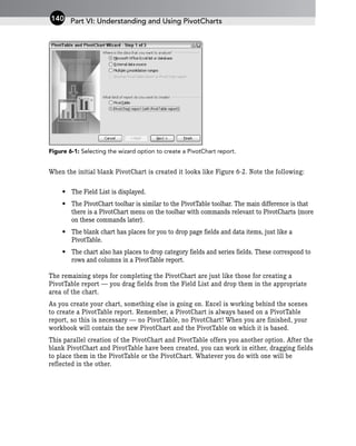 Figure 6-1: Selecting the wizard option to create a PivotChart report.
When the initial blank PivotChart is created it looks like Figure 6-2. Note the following:
• The Field List is displayed.
• The PivotChart toolbar is similar to the PivotTable toolbar. The main difference is that
there is a PivotChart menu on the toolbar with commands relevant to PivotCharts (more
on these commands later).
• The blank chart has places for you to drop page fields and data items, just like a
PivotTable.
• The chart also has places to drop category fields and series fields. These correspond to
rows and columns in a PivotTable report.
The remaining steps for completing the PivotChart are just like those for creating a
PivotTable report — you drag fields from the Field List and drop them in the appropriate
area of the chart.
As you create your chart, something else is going on. Excel is working behind the scenes
to create a PivotTable report. Remember, a PivotChart is always based on a PivotTable
report, so this is necessary — no PivotTable, no PivotChart! When you are finished, your
workbook will contain the new PivotChart and the PivotTable on which it is based.
This parallel creation of the PivotChart and PivotTable offers you another option. After the
blank PivotChart and PivotTable have been created, you can work in either, dragging fields
to place them in the PivotTable or the PivotChart. Whatever you do with one will be
reflected in the other.
Part VI: Understanding and Using PivotCharts
140
 
