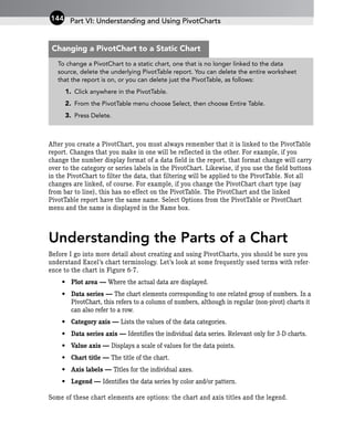 After you create a PivotChart, you must always remember that it is linked to the PivotTable
report. Changes that you make in one will be reflected in the other. For example, if you
change the number display format of a data field in the report, that format change will carry
over to the category or series labels in the PivotChart. Likewise, if you use the field buttons
in the PivotChart to filter the data, that filtering will be applied to the PivotTable. Not all
changes are linked, of course. For example, if you change the PivotChart chart type (say
from bar to line), this has no effect on the PivotTable. The PivotChart and the linked
PivotTable report have the same name. Select Options from the PivotTable or PivotChart
menu and the name is displayed in the Name box.
Understanding the Parts of a Chart
Before I go into more detail about creating and using PivotCharts, you should be sure you
understand Excel’s chart terminology. Let’s look at some frequently used terms with refer-
ence to the chart in Figure 6-7.
• Plot area — Where the actual data are displayed.
• Data series — The chart elements corresponding to one related group of numbers. In a
PivotChart, this refers to a column of numbers, although in regular (non-pivot) charts it
can also refer to a row.
• Category axis — Lists the values of the data categories.
• Data series axis — Identifies the individual data series. Relevant only for 3-D charts.
• Value axis — Displays a scale of values for the data points.
• Chart title — The title of the chart.
• Axis labels — Titles for the individual axes.
• Legend — Identifies the data series by color and/or pattern.
Some of these chart elements are options: the chart and axis titles and the legend.
Part VI: Understanding and Using PivotCharts
144
To change a PivotChart to a static chart, one that is no longer linked to the data
source, delete the underlying PivotTable report. You can delete the entire worksheet
that the report is on, or you can delete just the PivotTable, as follows:
1. Click anywhere in the PivotTable.
2. From the PivotTable menu choose Select, then choose Entire Table.
3. Press Delete.
Changing a PivotChart to a Static Chart
 