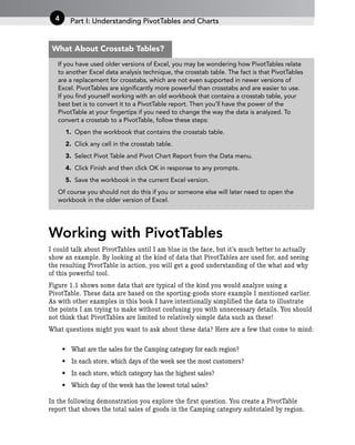 Working with PivotTables
I could talk about PivotTables until I am blue in the face, but it’s much better to actually
show an example. By looking at the kind of data that PivotTables are used for, and seeing
the resulting PivotTable in action, you will get a good understanding of the what and why
of this powerful tool.
Figure 1.1 shows some data that are typical of the kind you would analyze using a
PivotTable. These data are based on the sporting-goods store example I mentioned earlier.
As with other examples in this book I have intentionally simplified the data to illustrate
the points I am trying to make without confusing you with unnecessary details. You should
not think that PivotTables are limited to relatively simple data such as these!
What questions might you want to ask about these data? Here are a few that come to mind:
• What are the sales for the Camping category for each region?
• In each store, which days of the week see the most customers?
• In each store, which category has the highest sales?
• Which day of the week has the lowest total sales?
In the following demonstration you explore the first question. You create a PivotTable
report that shows the total sales of goods in the Camping category subtotaled by region.
Part I: Understanding PivotTables and Charts
4
If you have used older versions of Excel, you may be wondering how PivotTables relate
to another Excel data analysis technique, the crosstab table. The fact is that PivotTables
are a replacement for crosstabs, which are not even supported in newer versions of
Excel. PivotTables are significantly more powerful than crosstabs and are easier to use.
If you find yourself working with an old workbook that contains a crosstab table, your
best bet is to convert it to a PivotTable report. Then you’ll have the power of the
PivotTable at your fingertips if you need to change the way the data is analyzed. To
convert a crosstab to a PivotTable, follow these steps:
1. Open the workbook that contains the crosstab table.
2. Click any cell in the crosstab table.
3. Select Pivot Table and Pivot Chart Report from the Data menu.
4. Click Finish and then click OK in response to any prompts.
5. Save the workbook in the current Excel version.
Of course you should not do this if you or someone else will later need to open the
workbook in the older version of Excel.
What About Crosstab Tables?
 