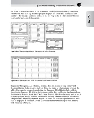 the “data” in most of the fields of the Sales table actually consist of links to data in the
other tables. Note that any database program displays the actual data and not the link
number — for example “Jackson” instead of the not-very-useful 1. I have shown the num-
bers here for purposes of illustration.
Figure 7-4: The primary tables in the relational Sales database.
Figure 7-5: The dependent table in the relational Sales database.
As you may have guessed, a relational database does not consist of only primary and
dependent tables; it also requires that you define the links, or relationships, between the
tables. For example, you must specify that the Customer_ID field in the Sales table is
linked to the Customer_ID field in the Customers table. This enables the database to know
that the value 1 means Acme Metal Works, that 2 means S&Q Manufacturing, and so on. A
database program always provides a method for defining these relationships and usually
also provides a way to display them. Figure 7-6 shows the relationships in the Sales data-
base as displayed in Microsoft Access. (Excel does not have the ability to work directly
with relational databases.)
Tip 57: Understanding Multidimensional Data
Part
VII
165
 