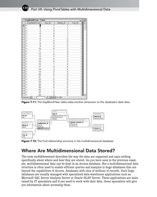 Figure 7-11: The DayMonthYear table adds another dimension to the database’s date data.
Figure 7-12: The final relationship structure in the multidimensional database.
Where Are Multidimensional Data Stored?
The term multidimensional describes the way the data are organized and says nothing
specifically about where and how they are stored. As you have seen in the previous exam-
ple, multidimensional data can be kept in an Access database. But a multidimensional data
structure is often used to enable efficient queries and analysis in huge databases that are
beyond the capabilities of Access, databases with tens of millions of records. Such huge
databases are usually managed with specialized data-warehouse applications such as
Microsoft SQL Server Analysis Server or Oracle OLAP Server. These applications are main-
tained by IT specialists and if you need to work with their data, these specialists will give
you information about accessing them.
Part VII: Using PivotTables with Multidimensional Data
170
 