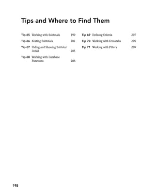 Tips and Where to Find Them
Tip 65 Working with Subtotals 199
Tip 66 Nesting Subtotals 202
Tip 67 Hiding and Showing Subtotal
Detail 205
Tip 68 Working with Database
Functions 206
Tip 69 Defining Criteria 207
Tip 70 Working with Crosstabs 209
Tip 71 Working with Filters 209
198
 