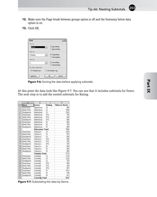 12. Make sure the Page break between groups option is off and the Summary below data
option is on.
13. Click OK.
Figure 9-6: Sorting the data before applying subtotals.
At this point the data look like Figure 9-7. You can see that it includes subtotals for Genre.
The next step is to add the nested subtotals for Rating.
Figure 9-7: Subtotaling the data by Genre.
Tip 66: Nesting Subtotals 203
Part
IX
 