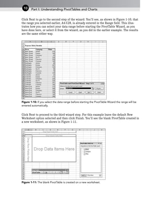 Click Next to go to the second step of the wizard. You’ll see, as shown in Figure 1-10, that
the range you selected earlier, A4:C28, is already entered in the Range field. This illus-
trates how you can select your data range before starting the PivotTable Wizard, as you
have done here, or select it from the wizard, as you did in the earlier example. The results
are the same either way.
Figure 1-10: If you select the data range before starting the PivotTable Wizard the range will be
entered automatically.
Click Next to proceed to the third wizard step. For this example leave the default New
Worksheet option selected and then click Finish. You’ll see the blank PivotTable created in
a new worksheet, as shown in Figure 1-11.
Figure 1-11: The blank PivotTable is created on a new worksheet.
Part I: Understanding PivotTables and Charts
10
 