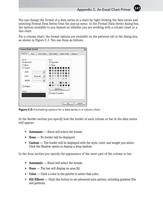 You can change the format of a data series in a chart by right-clicking the data series and
selecting Format Data Series from the pop-up menu. In the Format Data Series dialog box,
the options available to you depend on whether you are working with a column chart or a
line chart.
For a column chart, the format options are available on the patterns tab in the dialog box,
as shown in Figure C-3. You use them as follows.
Figure C-3: Formatting options for a data series in a column chart.
In the Border section you specify how the border of each column or bar in the data series
will appear:
• Automatic — Excel will select the format.
• None — No border will be displayed.
• Custom — The border will be displayed with the style, color, and weight you select.
Click the Shadow option to display a drop shadow.
In the Area section you specify the appearance of the inner part of the column or bar:
• Automatic — Excel will select the format.
• None — The bar will display no area fill.
• Color — Click a color in the palette to select that color.
• Fill Effects — Click this button to set advanced area options, including gradient fills
and patterns.
Appendix C: An Excel Chart Primer 247
 