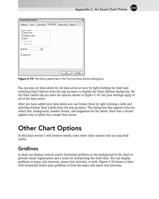Figure C-19: The Data Labels tab in the Format Data Series dialog box.
You can also set data labels for all data series at once by right-clicking the chart and
selecting Chart Options from the pop-up menu to display the Chart Options dialog box. On
the Data Labels tab you have the options shown in Figure C-19, but your settings apply to
all of the data series.
After you have added your data labels you can format them by right-clicking a label and
selecting Format Data Labels from the pop-up menu. The dialog box that appears lets you
select font, background, number format, and alignment for the labels. Note that a format
applies only to labels for a single data series.
Other Chart Options
In this final section I will mention briefly some other chart options that you may find
useful.
Gridlines
A chart can display vertical and/or horizontal gridlines in the background of the chart to
provide visual organization and a scale for interpreting the chart data. You can display
gridlines at major tick intervals, minor tick intervals, or both. Figure C-20 shows a chart
with horizontal (value axis) gridlines at both the major and minor tick intervals.
Appendix C: An Excel Chart Primer 259
 