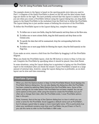 The example shown in the figure is based on the sporting-goods store data you used in
Part I. A diagram of the blank PivotTable is shown on the left and the data-column head-
ings are shown on the right. You have probably noticed that this layout is similar to what
you see when you create a PivotTable without using the Layout dialog box; you drag field
names to the blank PivotTable in the worksheet from the Field List to define the PivotTable.
The Layout dialog box is just another means of defining the structure of the PivotTable.
To define the PivotTable layout in the Layout dialog box, complete these steps:
1. To define one or more row fields, drag the field name(s) and drop them on the Row area.
2. To define one or more column fields, drag the field name(s) and drop them on the
Column area.
3. To specify the data that will be summarized, drop the corresponding field in the
Data area.
4. To define one or more page fields for filtering the report, drop the field name(s) on the
Page box.
If you make an error, remove a field from the PivotTable by dragging it off the PivotTable
diagram.
When you finish the PivotTable layout, click the OK button to return to Step 3 of the wiz-
ard. Complete the PivotTable by specifying where it should be placed, then click Finish.
In some situations, using the Layout dialog box is equivalent to laying out the PivotTable
report in the worksheet after you finish the wizard. If your PivotTable is based on a large
amount of external data, however, using the Layout dialog box is preferable, as on-sheet
layout can be slow and time-consuming.
Part III: Using PivotTable Tools and Formatting
62
When you click the Options button in Step 3 of the PivotTable Wizard, Excel displays the
PivotTable Options dialog box. You can also display this dialog box after the PivotTable
has been created by selecting Table Options from the PivotTable menu. Some of the
option settings do not make sense if the PivotTable has not been created. You can set
some options at this point, while using the wizard to create the PivotTable, but you’ll
often set or change them later, after the PivotTable exists. I cover PivotTable options
later in this part.
Note, however, that at the top of the Options dialog box is a box in which you can
enter a name for the PivotTable. Excel suggests a default name such as PivotTable1,
but it’s always a good idea to assign a more meaningful name. (This is particularly true
when your workbook contains more than one PivotTable.) As you’ll learn in Part X,
you use this name to refer to the PivotTable in VBA code.
PivotTable Options
 