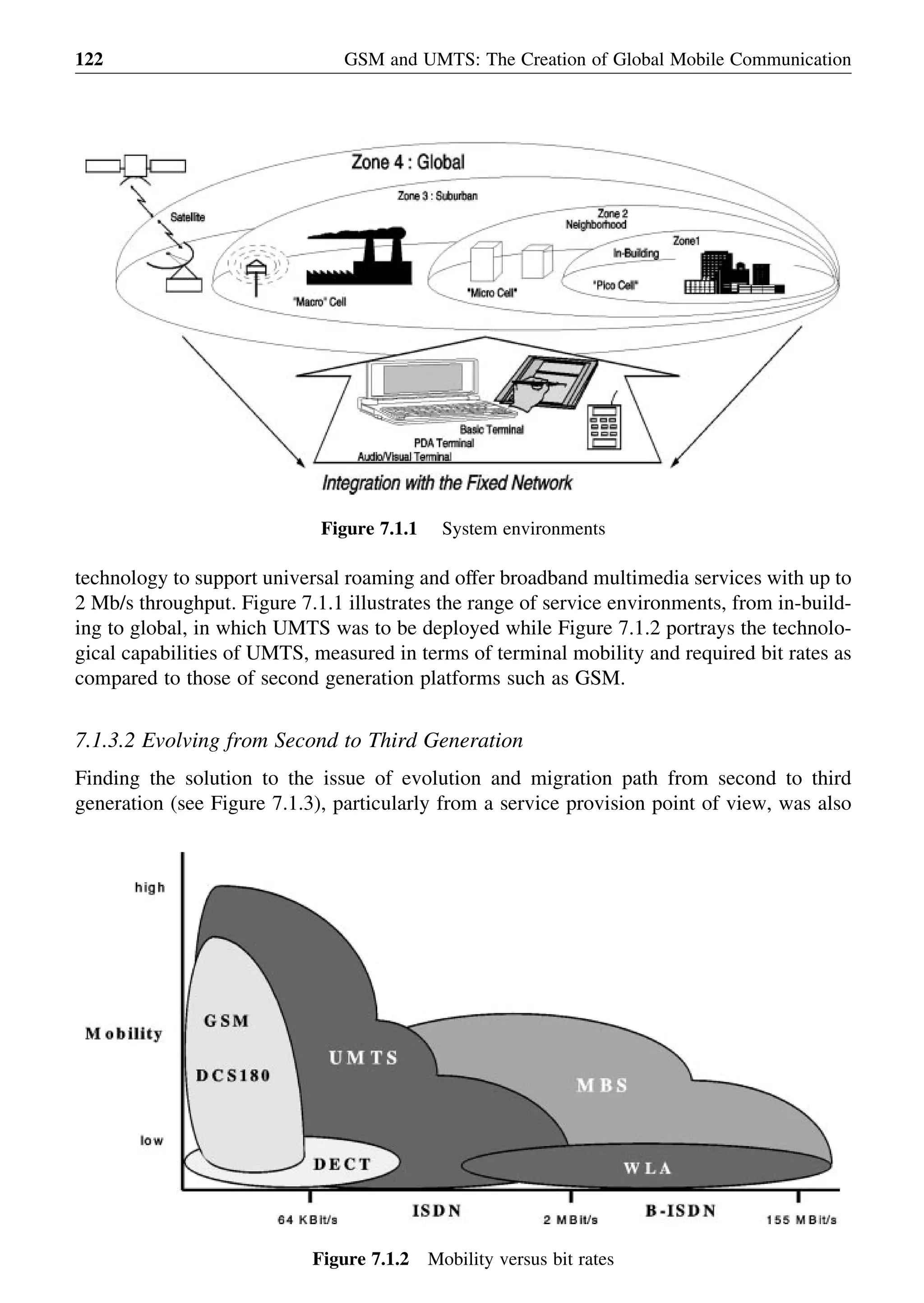 technology to support universal roaming and offer broadband multimedia services with up to
2 Mb/s throughput. Figure 7.1.1 illustrates the range of service environments, from in-build-
ing to global, in which UMTS was to be deployed while Figure 7.1.2 portrays the technolo-
gical capabilities of UMTS, measured in terms of terminal mobility and required bit rates as
compared to those of second generation platforms such as GSM.
7.1.3.2 Evolving from Second to Third Generation
Finding the solution to the issue of evolution and migration path from second to third
generation (see Figure 7.1.3), particularly from a service provision point of view, was also
GSM and UMTS: The Creation of Global Mobile Communication122
Figure 7.1.1 System environments
Figure 7.1.2 Mobility versus bit rates
 