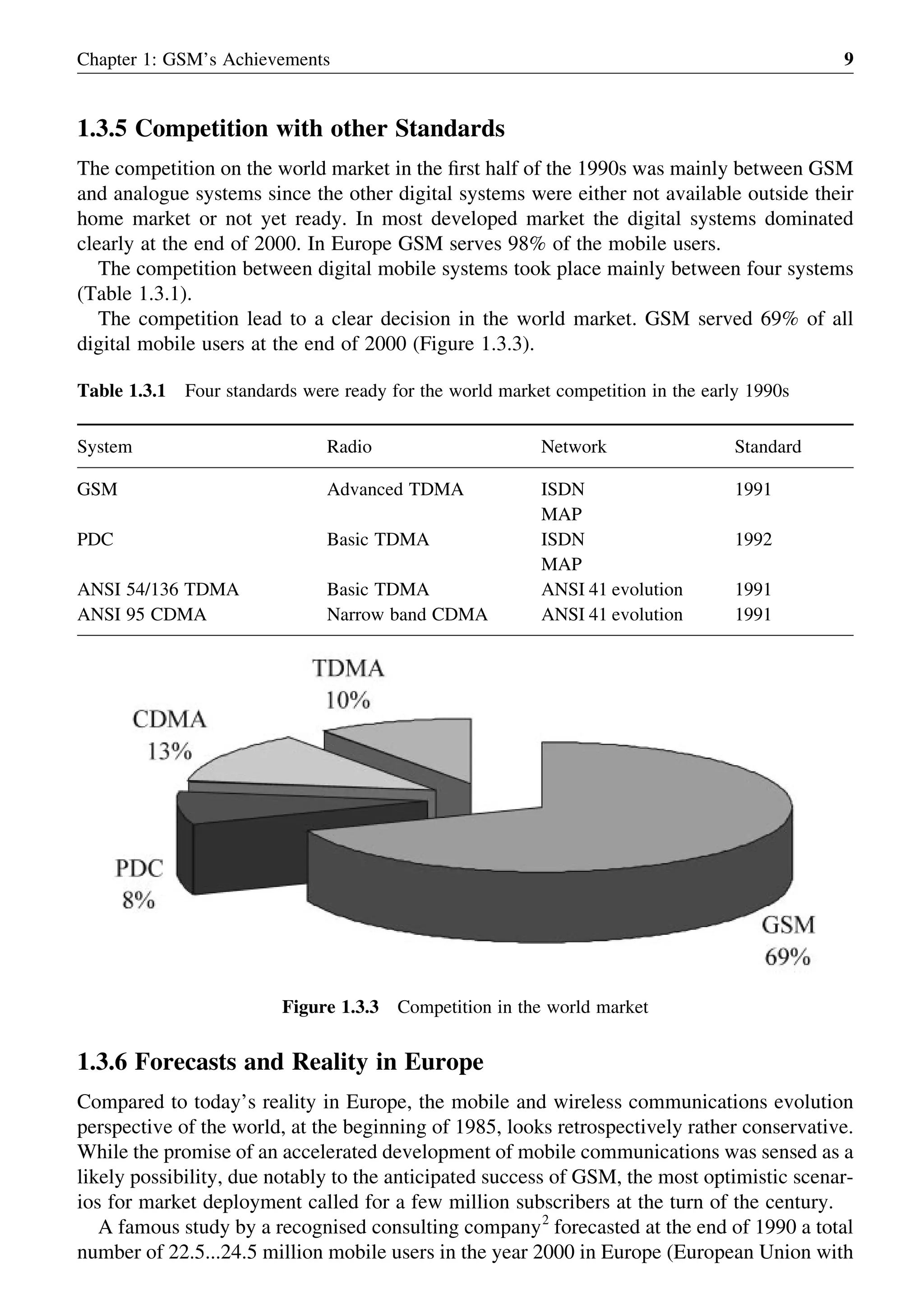 1.3.5 Competition with other Standards
The competition on the world market in the ﬁrst half of the 1990s was mainly between GSM
and analogue systems since the other digital systems were either not available outside their
home market or not yet ready. In most developed market the digital systems dominated
clearly at the end of 2000. In Europe GSM serves 98% of the mobile users.
The competition between digital mobile systems took place mainly between four systems
(Table 1.3.1).
The competition lead to a clear decision in the world market. GSM served 69% of all
digital mobile users at the end of 2000 (Figure 1.3.3).
1.3.6 Forecasts and Reality in Europe
Compared to today’s reality in Europe, the mobile and wireless communications evolution
perspective of the world, at the beginning of 1985, looks retrospectively rather conservative.
While the promise of an accelerated development of mobile communications was sensed as a
likely possibility, due notably to the anticipated success of GSM, the most optimistic scenar-
ios for market deployment called for a few million subscribers at the turn of the century.
A famous study by a recognised consulting company2
forecasted at the end of 1990 a total
number of 22.5...24.5 million mobile users in the year 2000 in Europe (European Union with
Chapter 1: GSM’s Achievements 9
Table 1.3.1 Four standards were ready for the world market competition in the early 1990s
System Radio Network Standard
GSM Advanced TDMA ISDN 1991
MAP
PDC Basic TDMA ISDN 1992
MAP
ANSI 54/136 TDMA Basic TDMA ANSI 41 evolution 1991
ANSI 95 CDMA Narrow band CDMA ANSI 41 evolution 1991
Figure 1.3.3 Competition in the world market
 