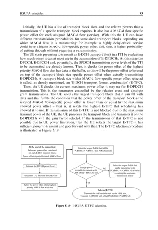 HSUPA principles                                                                                                                   83



   Initially, the UE has a list of transport block sizes and the relative powers that a
transmission of a speciﬁc transport block requires. It also has a MAC-d ﬂow-speciﬁc
power oﬀset for each assigned MAC-d ﬂow (service). With this the UE can have
diﬀerent retransmission probabilities for same-sized transport blocks depending on
which MAC-d ﬂow it is transmitting: for example, a highly delay-critical service
could have a higher MAC-d ﬂow-speciﬁc power oﬀset and, thus, a higher probability
of getting through without requiring a retransmission.
   The UE starts preparing to transmit an E-DCH transport block in a TTI by evaluating
how much power it can at most use in the transmission of E-DPDCHs. At this stage the
DPCCH, E-DPCCH and, potentially, the DPDCH transmission power levels of the TTI
to be transmitted are already known. Then, it checks the power oﬀset of the highest
priority MAC-d ﬂow that has data in the buﬀer, as this will be the power oﬀset to be used
on top of the transport block size speciﬁc power oﬀset when actually transmitting
E-DPDCHs. A transport block size with a MAC-d ﬂow-speciﬁc power oﬀset selected
is called, as already mentioned, an ‘E-DCH transport format combination’ (E-TFC).
   Then, the UE checks the current maximum power oﬀset it may use for E-DPDCH
transmission. This is the parameter controlled by the relative grant and absolute
grant transmissions. The UE selects the largest transport block that it can ﬁll with
data and that fulﬁlls the condition that the power oﬀset of the transport block þ the
selected MAC-d ﬂow-speciﬁc power oﬀset is lower than or equal to the maximum
allowed power oﬀset – that is, it selects the highest E-TFC that scheduling has
allowed it to use. If transmission of this E-TFC is not blocked due to the maximum
transmit power of the UE, the UE processes the transport block and transmits it on the
E-DPDCHs with the gain factor selected. If the transmission of that E-TFC is not
possible due to UE power limitation, then the UE selects the largest E-TFC it has
suﬃcient power to transmit and goes forward with that. The E-TFC selection procedure
is illustrated in Figure 5.19.




        At the start of the connection:
                                                           Select the largest TrBlk that fulfills
       Reference power offset calculated                PO(TrBlk) + PO(MAC-d) PO(scheduled)
        for each E-DCH transport block;
  Power offset signalled for each MAC-d flow.



     Estimate the DPCCH power level                                                                Select the largest TrBlk that
                                                              Enough power                            can be transmitted with
                                                                                          NO
                                                        available to transmit with               PO(TrBlk) + PO(MAC-d) without
                                                        PO(TrBlk) + PO(MAC-d)?                       exceeding the maximum
   Select the TFC for DCH if DCH exists                                                                 transmission power


                                                                     YES
   Select the power offset of the highest
      priority MAC-d flow with data
                                                                                     Selected E-TFC:
                                                                  Transmit the # of bits indicated by the TrBlk size,
                                                              Transmit E-DPDCH with offset PO(TrBlk) + PO(MAC-d)



                                            Figure 5.19 HSUPA E-TFC selection.
 