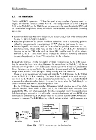 HSUPA principles                                                                           89



5.6   Iub parameters
Similar to HSDPA operation, HSUPA also needs a large number of parameters to be
aligned between the terminal and the Node B. These are provided (as shown in Figure
5.24) to the Node B from the RNC, based on vendor-speciﬁc algorithms in the RNC and
on the terminal’s capability. These parameters can be broken down into the following
categories:

. Parameters for Node B resource allocation, to indicate, say, which codes are available
  for the E-HICH/E-AGCH/E-RGCH.
. Scheduler parameters, to control scheduler behaviour, such as scheduling priority
  indicator, maximum data rate, maximum RTWP value, or guaranteed bit rate.
. Terminal-speciﬁc parameters, such as the terminal’s capability, maximum bit rate,
  puncturing limit, which code word on the HICH/E-AGCH/E-RGCH terminal is
  listening to, or the TTI to be used. A 10-ms TTI could be used for all terminals,
  but with a 2-ms TTI there will be a need to check the terminal’s capability and return
  the reconﬁguration to a 10-ms TTI when closer to the cell edge.

Respectively, terminal-speciﬁc parameters are then communicated by the RRC signal-
ling the terminal to have them aligned between the terminal and the Node B [9, 10]. From
the core network point of view, nothing else has changed from Release 99, except that
higher data rates are also enabled in the uplink direction compared with the theoretical 2-
Mbps or the practical 384-kbps uplink being used by HSDPA terminals.
   There are a few parameters which are sent from the Node B towards the RNC that
relate to Node B HSUPA capability. The Node B can respond to an audit message,
say, from the RNC about HSUPA resource availability status. This is useful if Node B
resources depend on the other features being used or to see when the Node B might be
overloaded from the HSUPA resource point of view.
   For the DCH case, there are some key diﬀerences with Iub interface usage. First of all,
only the so-called ‘silent mode’ is used – that is, the Node B will send a received data
packet to the RNC only after successfully decoding the packet. Empty frames indicating
failed decoding or a zero data rate will not be transmitted as is done with the DCH, with
the exception of the serving E-DCH cell when the maximum number of HARQ retrans-
missions is exceeded. The E-DCH serving cell will indicate a failed HARQ process when


                                      UE capability,
                                      scheduling
                                      priority, resources,                   QoS
                                      data rates …                        parameters
              Control
                                                                                    PS
                                                                                    core
                                                  Iub                      Iu-ps
                Data
   Terminal               Node B                               RNC
                   Figure 5.24 HSUPA parameters over the Iub interface.
 