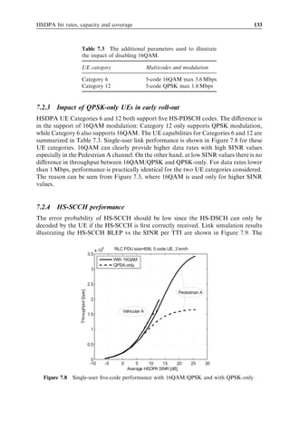 124                                                             HSDPA/HSUPA for UMTS



. Network algorithms – HSDPA-speciﬁc algorithms such as the MAC-hs packet
  scheduler, HS-DSCH link adaptation, HS-SCCH power control and HSDPA trans-
  mission resource allocation.
. Deployment scenario – the interference levels in the cell deﬁned by factors such as
  propagation loss, RF dominance areas, mobility patterns, and multipath propagation.
. UE receiver performance and capability – peak data rate, number of high-speed physical
  downlink shared channel (HS-PDSCH) codes, number of transmit and receive
  antennas, and baseband receiver algorithms.
. Traﬃc and quality of service (QoS) – mixture of Release 99 dedicated channel (DCH)
  and HSDPA suitable traﬃc, number of active users, and their corresponding QoS
  requirements.


We will attempt to adhere closely to the basic assumptions agreed in the Third
Generation Partnership Project (3GPP). During the discussion of results, it will be
indicated which factors in the above play the most important role.



7.1.1   Essential performance metrics
The fundamental features of HSDPA link adaptation functionality is adaptive modula-
tion and coding (AMC), multicode transmission (multiple HS-PDSCHs), and fast L1
hybrid automatic repeat request (HARQ). With these diﬀerent domains for adaptation,
the notation for HSDPA performance evaluation is slightly diﬀerent from that tradi-
tionally used for Release 99 DCHs. WCDMA Release 99 typically uses Eb =N0 to denote
the received-energy-per-user-bit-to-noise ratio. The Eb =N0 corresponds uniquely to a
certain block error rate (BLER) for a given data rate where the only adaptation param-
eter is the spreading gain. However, the Eb =N0 metric is not an attractive measure for
HSDPA because the bit rate on the HS-DSCH is varied every transmission time interval
(TTI) using diﬀerent modulation schemes, eﬀective code rates, and a number of HS-
PDSCH codes. We therefore deﬁne the average HS-DSCH signal-to-interference-plus-
noise ratio (SINR) as the narrowband SINR ratio after de-spreading the HS-PDSCH.
Referring to the notation in Figure 7.1, we can express the average HS-DSCH SINR for a
single-antenna Rake receiver as:
                                                PHS-DSCH
                      SINR ¼ SF16                                                    ð7:1Þ
                                     ð1 À Þ Á Pown þ Pother þ Pnoise

where SF16 is the HS-PDSCH spreading factor of 16, PHS-DSCH is the received power of
the HS-DSCH summing over all active HS-PDSCH codes, Pown is the received own-cell
interference,  is the downlink orthogonality factor [2]–[4], Pother is the received other-
cell interference, and Pnoise is the received noise power. In some 3GPP documents, own-
cell interference is denoted Ior while other-cell interference is expressed as Ioc . Note
from (7.1) that the HS-DSCH SINR is independent of the number of HS-PDSCH
codes used, the modulation scheme, and the eﬀective code rate. The HS-DSCH
SINR metric is an essential measure for HSDPA link budget planning and network
dimensioning. Another commonly used and related parameter is the wideband ratio of
 