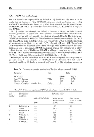 HSDPA bit rates, capacity and coverage                                                                                                 127



                              1.00




             BLEP




                              0.10



                                                                       QPSK
                                                                       16QAM
                                                                                                          #20
                                                                                                    #00 #50      #40
                                                                                                      #10              #50
                                                                                     #20        #40
                                                                          #00 #10         #30               #30
                              0.01
                                  -8                            -6      -4    -2      0     2       4    6     8    10    12      14
                                                                           Instantaneous required HS-DSCH SINR [dB]

Figure 7.2 Plot of block error probability (BLEP) as a function of the instantaneous HS-DSCH
SINR. The BLEP is shown for the parameters given in Table 7.1. This simulation setup is for a
1 Â 1 RAKE receiver using an AWGN channel.


generally indicating a higher transmission data rate. There is a crossover point around
ECR ¼ 3/4 when it is beneﬁcial to employ 16QAM with strong coding rather than using
QPSK with reduced coding.
   The results presented in Figure 7.2 are for the single HS-PDSCH case showing the
basic modulation and coding performance without link adaptation. Link adaptation
selects the modulation and coding scheme so that throughput and delay are optimized for
the instantaneous SINR. Figure 7.3 shows the required SINR as a function of the data
rate for the ﬁrst transmission when link adaptation is included.

                                                                                                               AWGN, 1x1 RAKE
                                                        25
                    Req. HS-DSCH SINR @ 10% BLEP [dB]




                                                                                                                10 codes
                                                        20

                                                                                                     5 codes               15 codes
                                                        15
                                                                      Dynamic
                                                                     range (DR)
                                                        10

                                                        5
                                                                                                               QPSK region
                                                        0                                                      16QAM region


                                                        -5
                                                          0.1                              1                               10
                                                                                  Per-TTI data rate [Mbps]
Figure 7.3 Illustration of the required HS-DSCH SINR to achieve a certain ﬁrst transmission
data rate with the above-mentioned TFRCs.
 