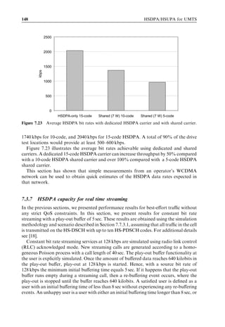 HSDPA bit rates, capacity and coverage                                                                                                             139



                                                                             40

                                                                             35



                                             Multi-user diversity gain [%]
                                                                             30

                                                                             25

                                                                             20

                                                                             15

                                                                             10

                                                                                 5

                                                                                 0
                                                                                     0   5   10   15   20   25    30   35   40       45   50
                                                                                                       UE Speed [kmph]

            Figure 7.12 Multiuser diversity gain as a function of the UE speed.


as well due to variations in the interference. The results in Figure 7.12 are obtained for a
Vehicular A radio channel.
   Multiuser diversity gain also depends on the number of simultaneous active HSDPA
users in the cell. The gain of proportional fair over round robin is reported in Figure 7.13
vs the number of HSDPA users, assuming that all users are moving with a velocity of
3 km/h. A clear gain can already be achieved with two parallel users. Multiuser diversity
gain only increases marginally as the number of users goes beyond ﬁve. It is also observed

                                             60


                                             50
                                                                                                       Pedestrian A
             Multi-user diversity gain [%]




                                             40


                                             30
                                                                                                        Vehicular A

                                             20


                                             10


                                                        0
                                                                             1               2        3          4               5             6
                                                                                                   Number of HSDPA users

  Figure 7.13 Multiuser diversity gain as a function of number of HSDPA users at 3 km/h.
 