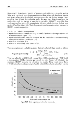 HSDPA bit rates, capacity and coverage                                                                             143



7.3.6.1                                 Multipath proﬁle
It is known from the numerous radio channel measurement campaigns reported in
[25] that the ITU Vehicular A power delay proﬁle is representative for macro-cells
where Node B antennas are mounted above the rooftop level. However, users located
in close vicinity of the Node B might experience a power delay proﬁle with less temporal
dispersion – such as the ITU Pedestrian A channel proﬁle (see, e.g., Greenstein’s
distance-dependent models for delay spread [24]). The ITU Pedestrian A power delay
proﬁle is typically used for micro-cells where the Node B antenna is mounted below
rooftop level. ITU Pedestrian A has less temporal dispersion, and therefore also a better
downlink orthogonality factor [2], which results in less own-cell interference at the UE
after de-spreading. The ITU Pedestrian A channel proﬁle also has a larger fading
dynamic range which results in larger multiuser diversity scheduling gain (see [7]).
Figure 7.17 compares both Vehicular A and Pedestrian A in a three-sector macro-
cell environment. Hence, for the macro-cellular setup under consideration, average
HSDPA cell throughput is increased by 30–50% in ITU Pedestrian A compared with
Vehicular A. Note that the use of performance enhancement methods – like the advanced
receivers in Section 7.8 – oﬀer further improved cell throughputs over the numbers
shown in Figure 7.17.



                                  3.5
                                                      ITU Vehicular A                ITU Pedestrian A

                                  3.0



                                  2.5
   HSDPA cell throughput [Mbps]




                                  2.0



                                  1.5



                                  1.0



                                  0.5



                                  0.0
                                            5 codes     10 codes    15 codes   5 codes    10 codes      15 codes

Figure 7.17 Summary of average cell throughput for HSDPA in a macro-cellular environment
depending on the assumed power delay proﬁle and number of HS-PDSCH codes allocated.
 