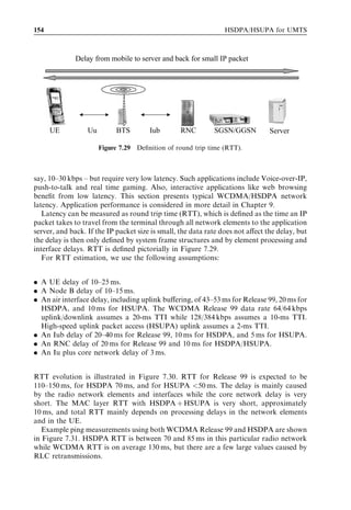 HSDPA bit rates, capacity and coverage                                                             145



                   Drive test data                      Assumptions for HSDPA deployment

                   1.   Ec/N0 samples                   1.    HS-DSCH power
                   2.   RSCP samples                    2.    WCDMA power
                   3.   BTS powers                      3.    Orthogonality




                                           HS-DSCH SINR




                                           HS-DSCH bit rate


Figure 7.18 Method of estimating HS-DSCH bit rate from WCDMA drive test measurements.
         WCDMA during the             Shared WCDMA R99 +                      HSDPA only carrier
          measurements                   HSDPA carrier                           20 W total


                                           15 W total


                                                                                 HS-DSCH
                                     7W      HS-DSCH                  15 W



               5 W total
                                     6 W CCH + DCH
        3W    CCH + DCH                                               3W        CCH + DCH

        2W       CPICH               2W       CPICH                   2W           CPICH

                                     = HS-DSCH
                                     = Other common channels CCH + R99 channel + associated DCHs
                                     = CPICH

             Figure 7.19 Assumed power allocations for HSDPA deployment.


typically 5 W where most of the power was caused by the CPICH – that is, 2 W – and by
the other common channels.
   The interference and signal values from the drive tests are converted to corresponding
values when HSDPA is deployed using the assumption from Figure 7.19. Total received
interference with HSDPA is scaled according to the increase in total BTS power:
                                                                              
                                             Ec                  Ptot;HSDPA
            Total interference Io ¼ RSCP À þ 10 log10                                ð7:6Þ
                                              I0              Ptot;beforeHSDPA
where RSCP is received CPICH signal code power, Ec =I0 is CPICH Ec =N0 , Ptot;HSDPA is
the base station power using HSDPA, and Ptot;beforeHSDPA that before HSDPA. This
 