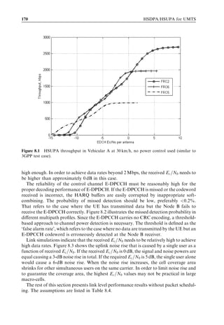 160                                                                                       HSDPA/HSUPA for UMTS



                                           120

                                                       ITU Pedestrian A              ITU Vehicular A

                                           100
       Relative cell throughput gain [%]




                                            80




                                            60




                                            40




                                            20




                                            0
                                                 1xLMMSE   2xRake    2xLMMSE   1xLMMSE   2xRake    2xLMMSE

Figure 7.38 Cell capacity gain of advanced UE receivers over single-antenna Rake receiver in
macro-cellular environments with PF scheduling and best eﬀort traﬃc.

temporal dispersion – that is, users in clear dominance areas that have a Vehicular A
multipath proﬁle. The gain from using two-antenna Rake receivers consists of two
factors: (i) a coherent combining gain of ideally 3.0 dB, and (ii) an antenna diversity
gain. Mapping from the gain in the experienced HS-DSCH SINR to a throughput gain
depends strongly on the link adaptation operating point. As an example, if most users are
already using all the HS-PDSCH codes and 16QAM modulation, then there is just a
minor gain to be had from advanced UEs. On the other hand, if most users are operating
at the lower part of the link adaptation range with only a few HS-PDSCH codes and
QPSK modulation, then a 3-dB increase in the SINR maps to nearly a 100% gain in
throughput.
   The average cell capacity of using advanced terminal receivers is reported in Figure
7.38 for a macro-cellular environment with similar simulation settings to those in Section
7.7.3.1. These results are reproduced from [33]–[34]. As expected, the gain from using
LMMSE is larger for the Vehicular A than for the Pedestrian A channel. An average
capacity gain of approximately 100% is achieved in Vehicular A if all terminals are using
two antennas and an LMMSE receiver compared with having single-antenna Rake
receivers. This is equivalent to an average cell throughput of 4.4 Mbps. It is furthermore
observed from Figure 7.38 that the gain from using two antennas and a Rake receiver –
2 Â Rake – is larger for the Vehicular A than for the Pedestrian A channel. The latter
is observed because most users are already operating in the higher end of the link
adaptation range in Pedestrian A. In Vehicular A, users are operating lower in the
link adaptation dynamic range due to inter-path interference, which results in larger
throughput gain from increasing the HS-DSCH SINR experienced.
 