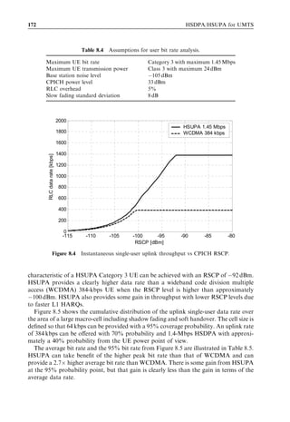 162                                                            HSDPA/HSUPA for UMTS



HS-PDSCH codes per cell to multiple users. The beamforming capacity gain over single-
antenna transmission for HSDPA is reported to equal a factor of 2.5 to 4.7 for an
antenna array of four and eight elements, respectively [28]. As a ﬁnal remark, note that
beamforming also helps to improve uplink performance.


7.8.4    Multiple input multiple output
The use of multiple transmit and receive antennas form a so-called ‘multiple input
multiple output’ (MIMO) scenario, which can be used to create parallel virtual orthog-
onal information channels from the Node B to the UE so that the data rate can be
further increased. This concept is typically referred to as ‘information MIMO’. The
parallel virtual information channels are obtained by using signal processing algorithms
to adaptively adjust the used antenna weights at the transmitter and receiver as a function
of radio channel impulse response between the diﬀerent antenna ports. The maximum
number of parallel virtual channels equals L ¼ MinfR; N; Mg, where N is the number of
transmit antennas, M is the number of receive antennas, and R is the rank of the N Â M
radio channel matrix [35], [36]. In principle, the peak data rates from using information
MIMO can be increased by a factor of L compared with the case with one transmit and
one receive antenna. However, the creation of L parallel virtual channels requires ﬁrst a
relatively high SINR since the N Â M radio channel matrix should be accurately
estimated to determine the antenna weights that form the L parallel virtual channels.
Second, the SINR in the L parallel virtual channels should be higher than or equal to the
SINR in the reference 1 Â 1 radio channel to experience an L-fold increase in the data
rate. Many candidate information MIMO schemes have been investigated in 3GPP for
HSDPA, with the emphasis on conﬁgurations with two antennas at the Node B and at
the UE [38]. Simulation results show rather small gains for highly loaded macro-cellular
environments. This is mainly because realistic 2 Â 2 MIMO macro-cell scenarios typic-
ally only oﬀer one dominant virtual channel with a high SINR, while the second virtual
channel oﬀers a poor SINR with little potential for further increase of the HSDPA data
rate. However, HSDPA MIMO schemes for smaller micro- and pico-cells with higher
experienced SINR are expected to show more promising gains. HSDPA MIMO is,
therefore, a work item for 3GPP Release 7 as discussed in Chapter 2.



7.9     Conclusions
WCDMA Release 99 provides, in practice, 384 kbps as the maximum data rate in the
downlink while HSDPA pushes the peak data rate initially to 1.8 and 3.6 Mbps, and
later up to 10 Mbps. Simulations and measurements show that the HSDPA link per-
formance is robust due to fast L1 retransmissions, incremental redundancy, and link
adaptation. Field measurements show median data rates of 1 Mbps with a terminal
maximum capability of 1.8 Mbps. Practical data rates will improve when higher bit rate
UE categories are available.
   HSDPA reduces network latency compared with WCDMA Release 99 DCH. The
calculations and measurements show that average RTTs can be clearly below 100 ms
 