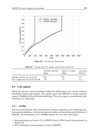 HSDPA bit rates, capacity and coverage                                                      163



with HSDPA downlink and Release 99 DCH in the uplink. With HSUPA uplink the
RTT is expected to be below 50 ms.
   HSDPA improves cell throughput by up to 1 Mbps/MHz/sector in three-sector macro-
cells due to advanced link level techniques, enhanced terminal receivers, and multiuser
diversity with fast scheduling. Fast proportional fair scheduling is shown to improve
cell throughput by over 30% with low mobile speeds. HSDPA was shown to improve the
capacity of best eﬀort packet and guaranteed bit rate streaming.
   Simulations show that HSDPA can coexist with WCDMA on the same carrier. The
shared carrier provides an attractive performance, especially when the amount of
WCDMA traﬃc is low and the HSDPA terminal has a limited bit rate of 1.8 Mbps.
For a high-capacity and high bit rate solution a dedicated HSDPA carrier can be used
later.
   HSDPA itself may require additional investments in Iub transport to facilitate the high
peak bit rates, but HSDPA also improves the eﬃciency of Iub compared with WCDMA
Release 99: clearly, more user bits can be carried with the same Iub capacity with HSDPA
than with Release 99. The reason is, ﬁrst, that HSDPA is transmitted only from one cell
without soft handover and, second, that HSDPA users have a shared Iub resource
instead of dedicated resources like in Release 99.
   HSDPA bit rates and capacity can be further boosted by more than 100% by advanced
terminal receivers and by more than 150% by base station beamforming with four-
element antennas.



7.10 Bibliography
 [1] T. E. Kolding, K. I. Pedersen, J. Wigard, F. Frederiksen, and P. E. Mogensen (2003), High
     speed downlink packet access: WCDMA evolution, IEEE Vehicular Technology Society
     (VTS) News, 50(1), 4–10, February.
 [2] K. I. Pedersen and P. E. Mogensen (2002), The downlink orthogonality factors’ inﬂuence on
     WCDMA system performance, IEEE Proc. Vehicular Technology Conference, September,
     pp. 2061–2065.
 [3] N. B. Mehta, L. J. Greenstein, T. M. Willis, and Z. Kostic (2002), Analysis and results for
     the orthogonality factor in WCDMA downlinks, IEEE Proc. of Vehicular Technology
     Conference, May, pp. 100–104.
 [4] 3GPP, Technical Speciﬁcation Group RAN, Medium Access Control (MAC) Protocol
     Speciﬁcation, 3GPP TS 25.321 version 6.6.0.
 [5] C. E. Shannon (1949), Communication in the presence of noise, Proc. Institute of Radio
     Engineers, 37(1), 10–21, January.
 [6] F. Frederiksen and T. E. Kolding (2002), Performance and modeling of WCDMA/HSDPA
     transmission/H-ARQ schemes, IEEE Proc. Vehicular Technology Conference, September,
     pp. 472–476.
 [7] T. E. Kolding (2003), Link and system performance aspects of proportional fair packet
     scheduling in WCDMA/HSDPA, IEEE Proc. Vehicular Technology Conference, September,
     pp. 1717–1722.
 [8] K. I. Pedersen, T. F. Lootsma, M. Støttrup, F. Frederiksen, T. E. Kolding, and P. E.
     Mogensen (2004), Network performance of mixed traﬃc on high speed downlink packet
 