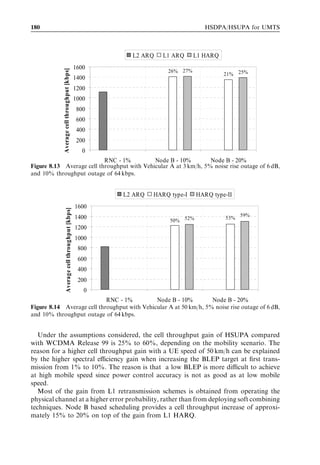 HSUPA bit rates, capacity and coverage                                                                   171




                                      Figure 8.2 E-DPCCH DTX detection performance for a 2-ms TTI.


                                          7

                                          6
           Noise rise over thermal [dB]




                                          5

                                          4

                                          3

                                          2

                                          1

                                          0
                                          -20      -15         -10                -5     0           5
                                                                     Ec/N0 [dB]

     Figure 8.3 Uplink noise rise caused by single user as a function of required Ec =N0 .



   Figure 8.4 shows single-user uplink throughput on the radio link control (RLC) level
in kbps vs the received signal code power (RSCP) of the common pilot channel (CPICH)
in the UE. A lower RSCP means a larger path loss and, thus, a lower uplink throughput.
The throughput is assumed to be limited by the maximum UE power level – capacity
and packet scheduling aspects are not considered. The peak bit rate of 1.4 Mbps that is
 