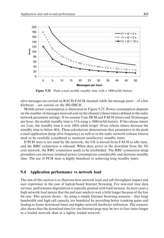 Application and end-to-end performance                                                 197



           UE                       Node B                     RNC       PS core
              Measurement control
              Measurement report
                                         NBAP: Radio link
                                         reconfigure prepare
                                         NBAP: Radio link
                                         reconfigure ready
                                         ALCAP: Establish request
                                         ALCAP: Establish confirm
                                         NBAP: Radio link
              Radio bearer               reconfigure commit
              reconfiguration
              Radio bearer
              reconfiguration complete


             Figure 9.12 Radio bearer reconﬁguration for resource allocation.

has a similar threshold for the downlink allowing it to generate a downlink capacity
request. Figure 9.12 illustrates the case of an uplink data transfer where the capacity
request is triggered by the UE sending a measurement report. The measurement report
includes information regarding the quantity of data waiting to be transmitted. This
information helps the RNC to assign an appropriate bit rate. The RNC generates a
capacity request from the measurement report and, assuming the capacity request is
accepted, the RNC sends an NBAP Radio Link Reconﬁguration Prepare message to the
Node B. This message tells the Node B how its existing radio link will need to be
reconﬁgured to be capable of supporting the packet-switched data session. If the
13.6-kbps signalling bit rate has been used, the Radio Link Reconﬁguration Prepare
message also lets the Node B know how this bit rate will have to be reduced when the
packet-switched bearer becomes active. The Node B responds with the NBAP Radio
Link Reconﬁguration Ready message, but does so before applying the reconﬁguration. A
second set of Iub resources are reserved by the RNC using the same approach as during
the ﬁrst phase of signalling (i.e., using ALCAP Establish Request and Establish Conﬁrm
messages). Once the Iub resources have been successfully reserved, the RNC sends
the NBAP Radio Link Reconﬁguration Commit message to the Node B. This
message informs the Node B of the connection frame number (CFN) to use so that
it can start to apply the radio link conﬁguration which includes the packet-switched radio
bearer. The CFN must be deﬁned such that the UE is able to apply the new conﬁguration
at the same time as the Node B. The UE is informed of the CFN within the subsequent
Radio Bearer Reconﬁguration message. This means that the CFN must be deﬁned such
that it occurs after the UE has received the Radio Bearer Reconﬁguration message. The
value of the CFN should thus be a function of the signalling bearer bit rate: a shorter
activation time can be used with the 13.6-kbps than with the 3.4-kbps signalling bit rate.
Some margin should also be allowed for layer 2 retransmissions and processing time. It is
common for the RNC databuild to include a parameter that deﬁnes a conﬁgurable time
oﬀset for the CFN.
   Once the CFN occurs and the new conﬁguration has become active, the UE responds
with the Radio Bearer Reconﬁguration Complete message. This message and all sub-
sequent signalling messages are transmitted across the air–interface using the 3.4-kbps bit
 