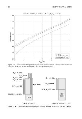 Voice-over-IP                                                                                        221



10.3.1.2   Channelization codes and power allocation
The simulations assume a 3GPP Release 5 solution where an associated dedicated
physical channel (DPCH) is used to carry signalling. The spreading factor (SF) for
the associated DPCH is assumed to be SF512. The associated DPCH can be in soft
handover mode. Assuming an average soft handover overhead of 30%, each user
occupies on average 1.3 DPCH channelization codes. Furthermore, the channelization
codes for transmission of common channels are reserved. Assuming code-multiplexing of
Musers per TTI, Musers high-speed shared control channel (HS-SCCH) channelization
codes with SF128 should also be allocated. The remaining channelization codes can be
used for high-speed physical downlink shared channel (HS-PDSCH) transmission with
SF16. Figure 10.4 shows the number of available HS-PDSCH codes per cell as a function
of number of users, assuming Musers ¼ 4 for cases with more than 60 VoIP users per cell.
For less than 60 VoIP users, it is assumed that one HS-SCCH code is allocated per group
of 15 VoIP users. The number of available HS-PDSCH codes decreases as a function of
the number of users due to the channelization code overhead from having an associated
DPCH for each user. As an example, for a 30% soft handover overhead, an associated
dedicated channel (DCH) SF of 512 and 100 users, there are 10 HS-PDSCH codes
available out of a total of 15 for VoIP transmission to users.
  3GPP Release 6 allows usage of a fractional DPCH (F-DPCH) where multiple users –
up to ten – can share an associated DPCH allowing more codes to be allocated for the
HS-DSCH. Figure 10.4 also shows the available HS-PDSCH codes using a fractional
DPCH. Those users with a DPCH in soft handover still require a dedicated DPCH for
the other branch. With 100 users we can still allocate 14 HS-PDSCH codes for data



                                           16

                                                                                  F-DPCH
                                           14
                Number of HS-PDSCH codes




                                           12
                                                                                  A-DPCH @ SF512

                                           10


                                           8

                                                                      A-DPCH @ SF256
                                            6


                                            4
                                                0   20     40       60        80         100   120
                                                         Number of VoIP users per cell
Figure 10.4 Available number of HS-PDSCH channelization codes as a function of number of
users per cell.
 